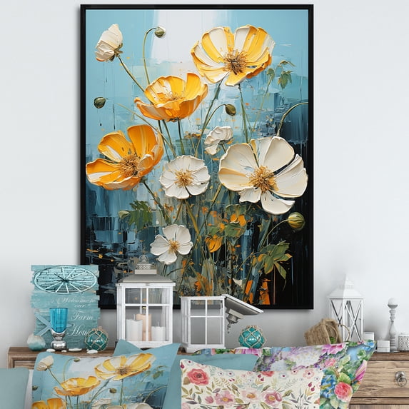 Designart "Lemon And Alabaster Buttercups Luminous Light" Buttercups Floater Framed Wall Decor