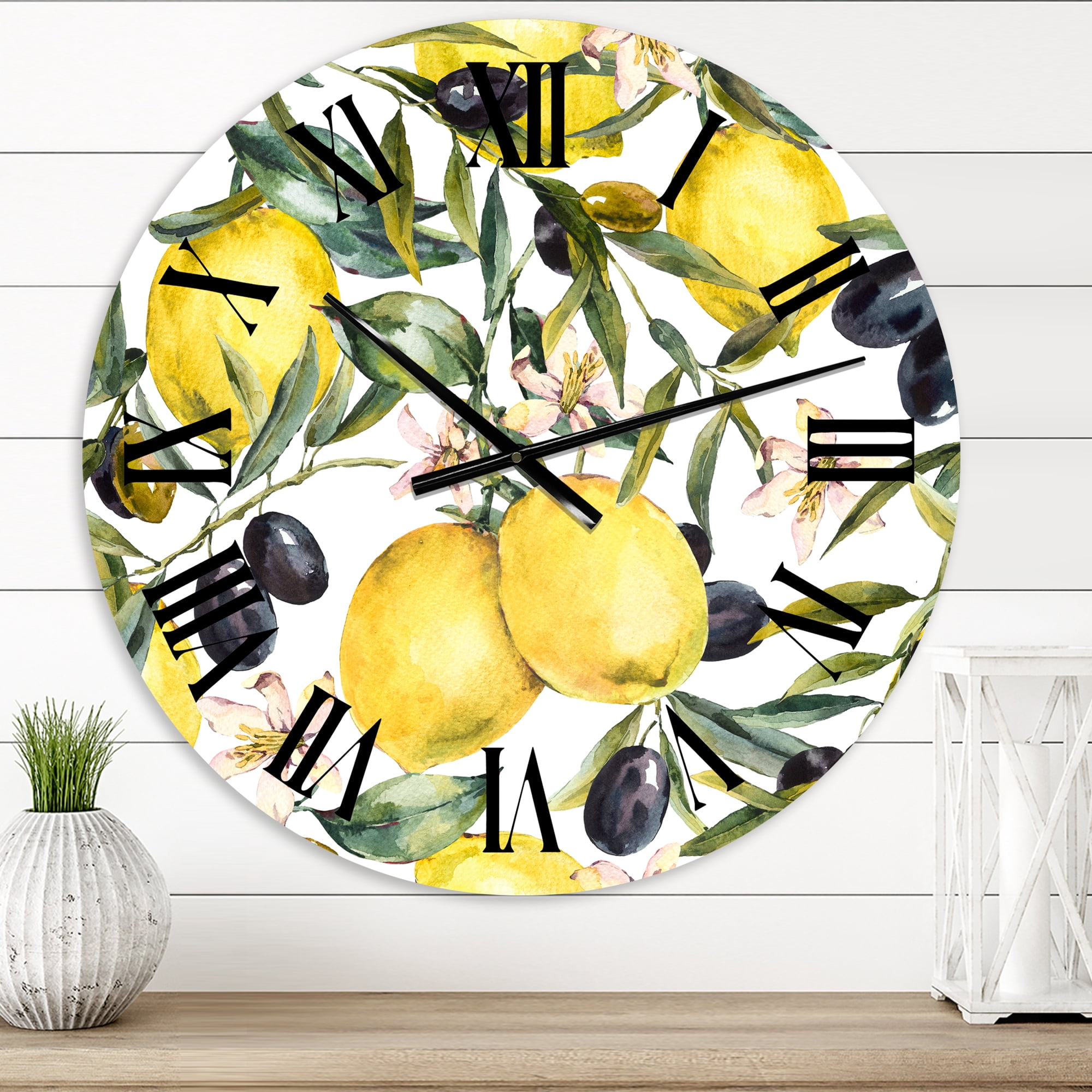Designart 'Lemon And Olive Branches I' Tropical Wall Clock