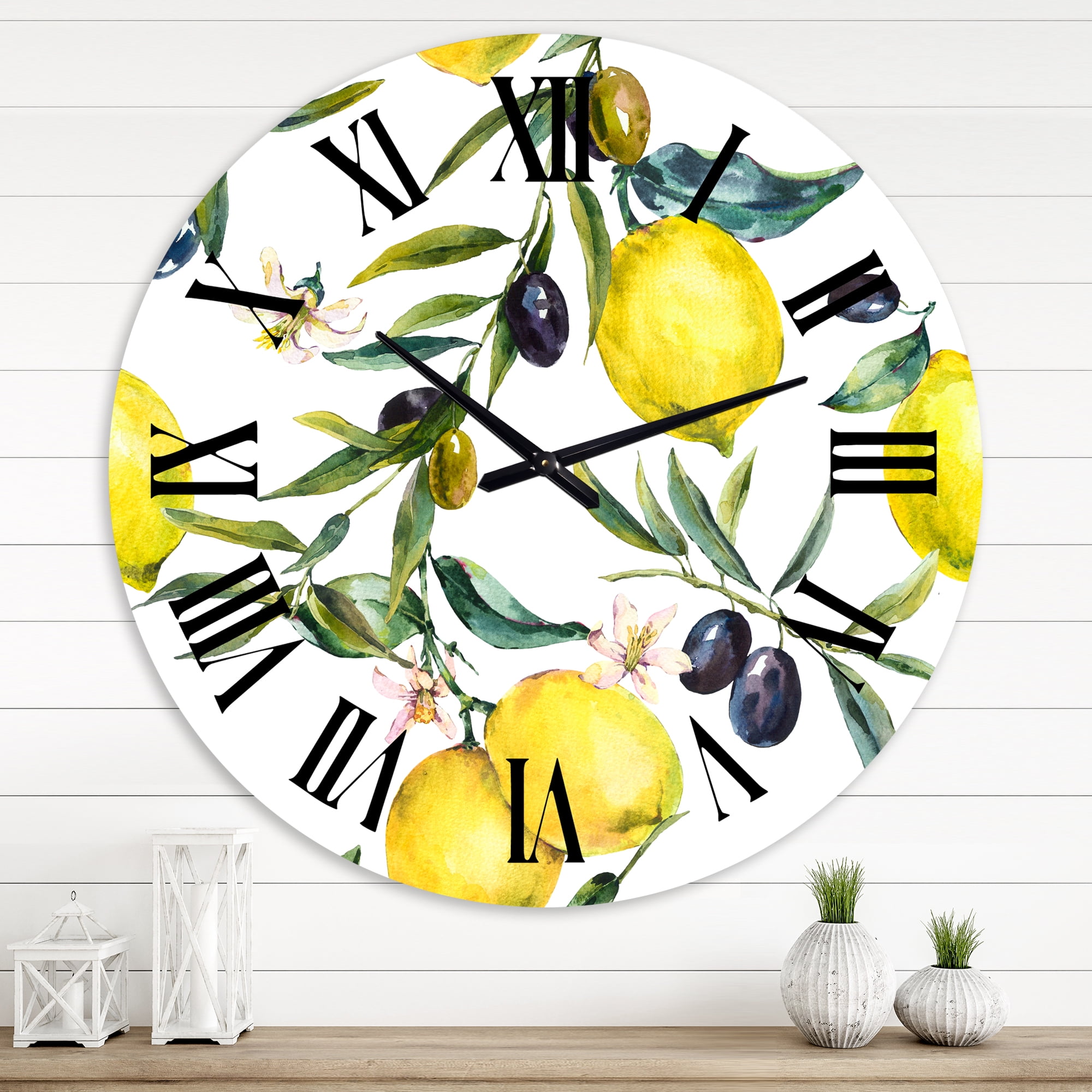 Designart 'Lemon And Olive Branches Ii' Tropical Wall Clock