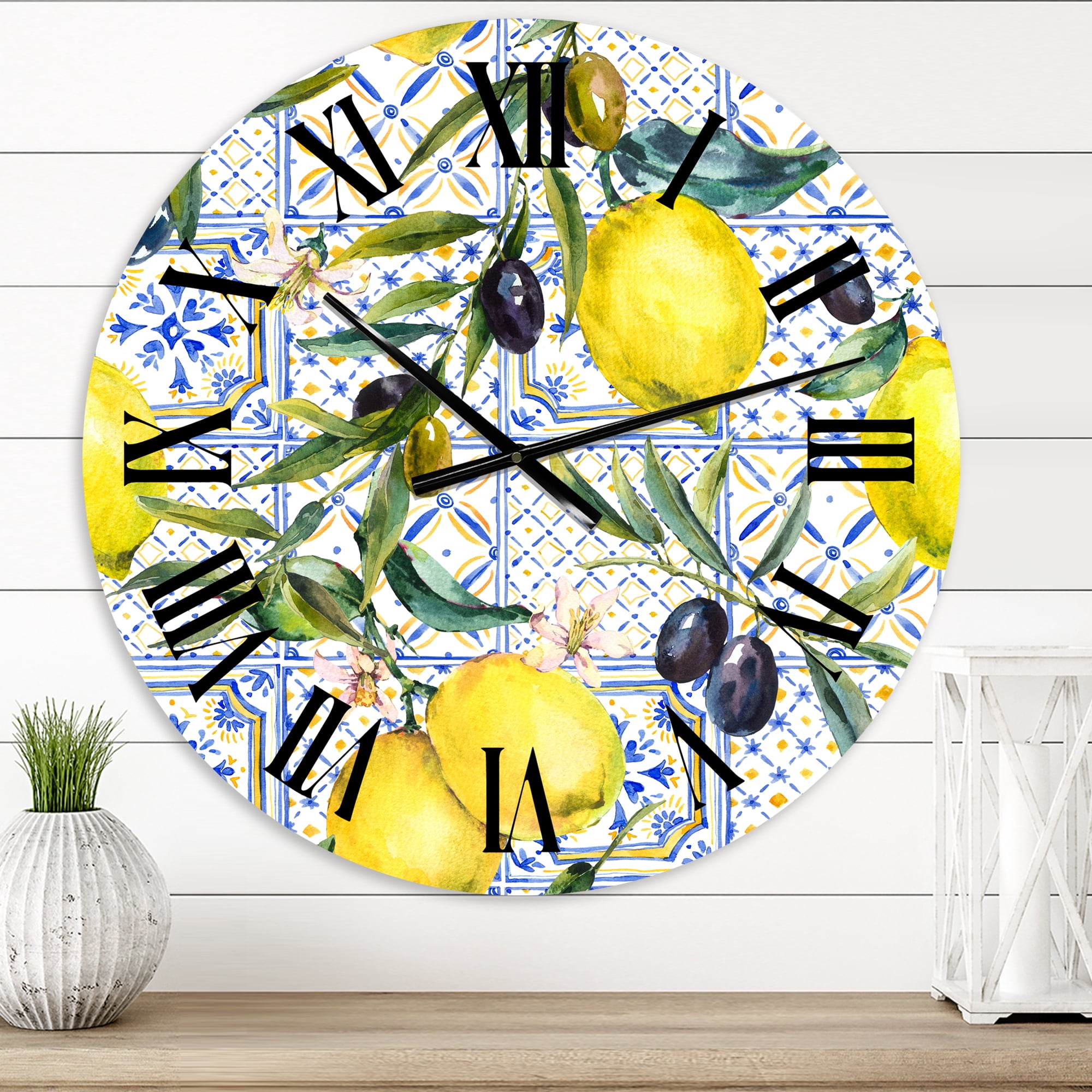 Designart 'Lemon Ornament On Blue Geometrical Pattern Iii' Tropical Wall Clock