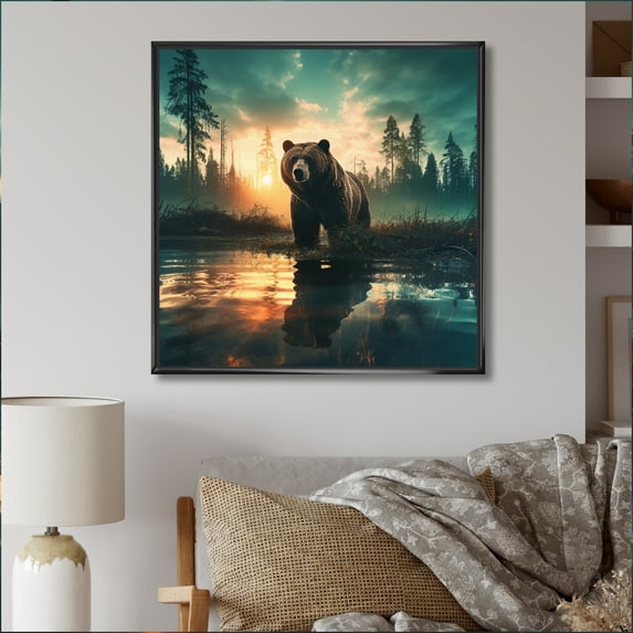Designart "Lensflare and Double Exposure Transforming a Bear II" Landscapes Floater Framed Canvas Print