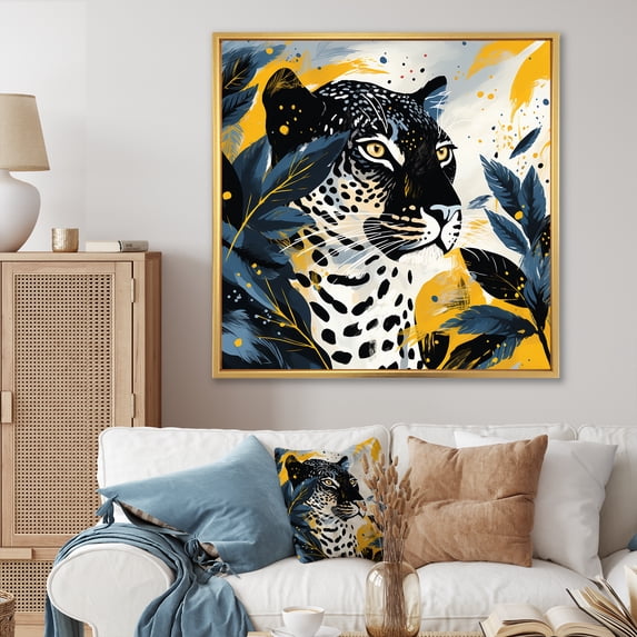 Designart "Leopard Collage in Yellow and Blue II" Animals Framed Wall Art - Yellow Leopard/Cheetah Living Room Framed Canvas Art