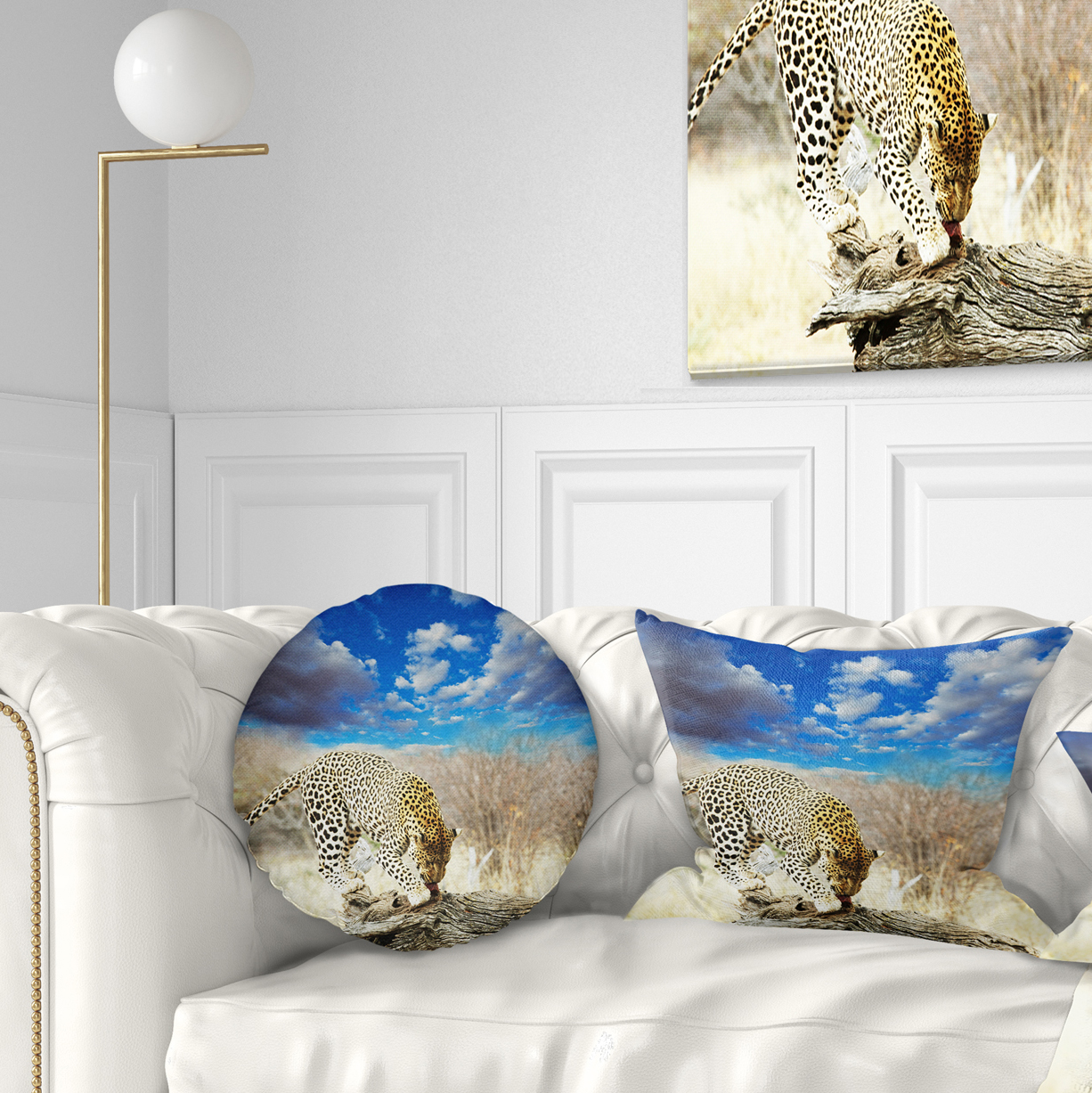 Designart Leopard Feeding on Tree Trunk - African Throw Pillow - 12x20