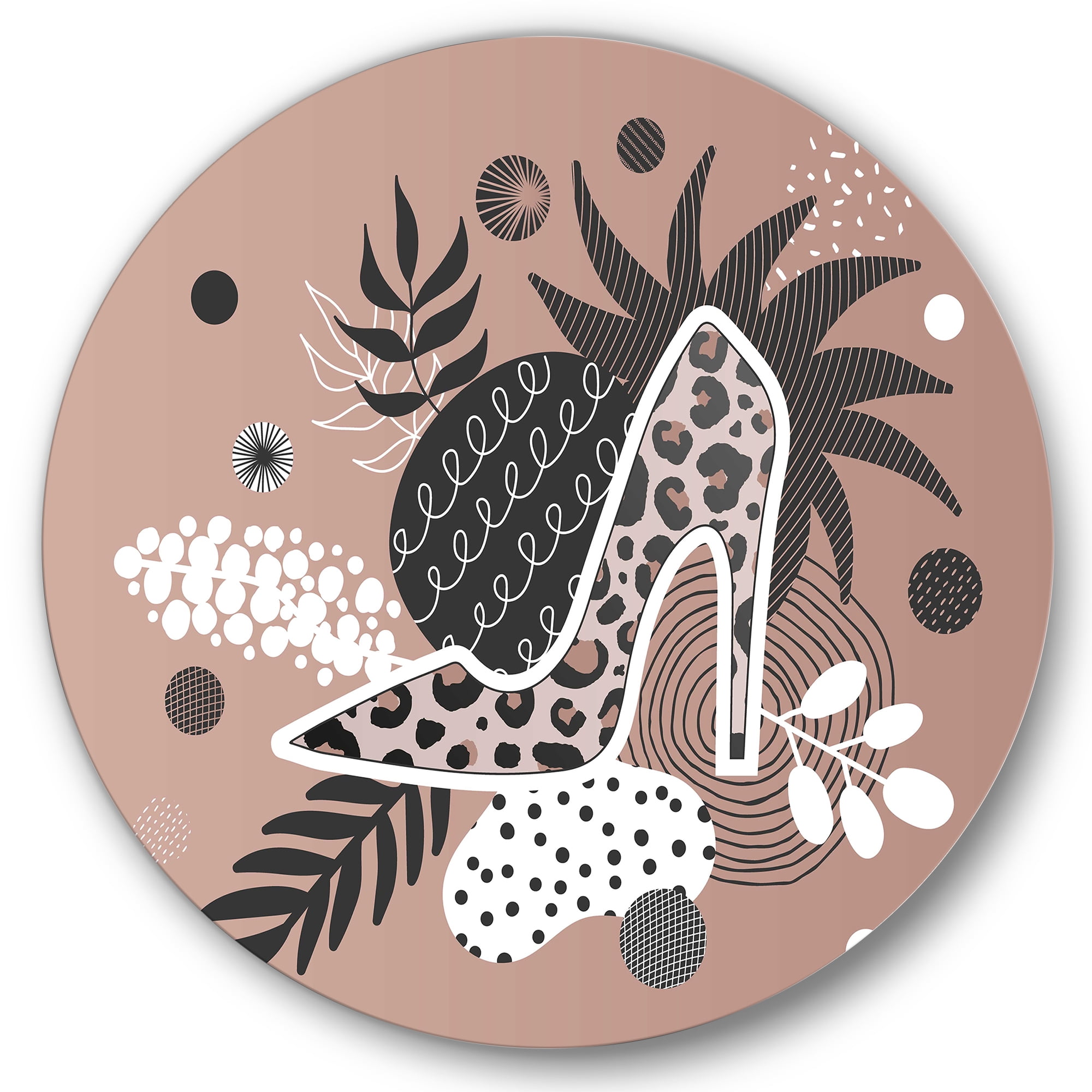 Designart 'Leopard High-Heeled Shoes On Tropical Leaves' Modern Circle Metal Wall Art 23x23 - Disc of 23