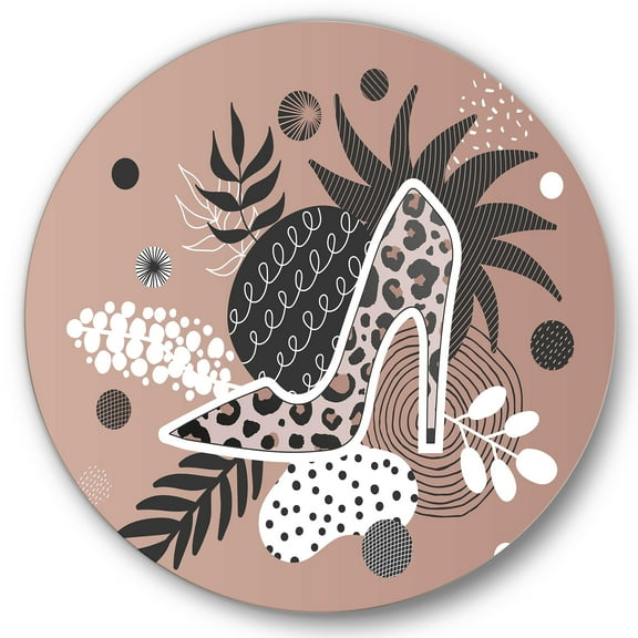 Designart 'Leopard High-Heeled Shoes On Tropical Leaves' Modern Circle Metal Wall Art 36x36 - Disc of 36