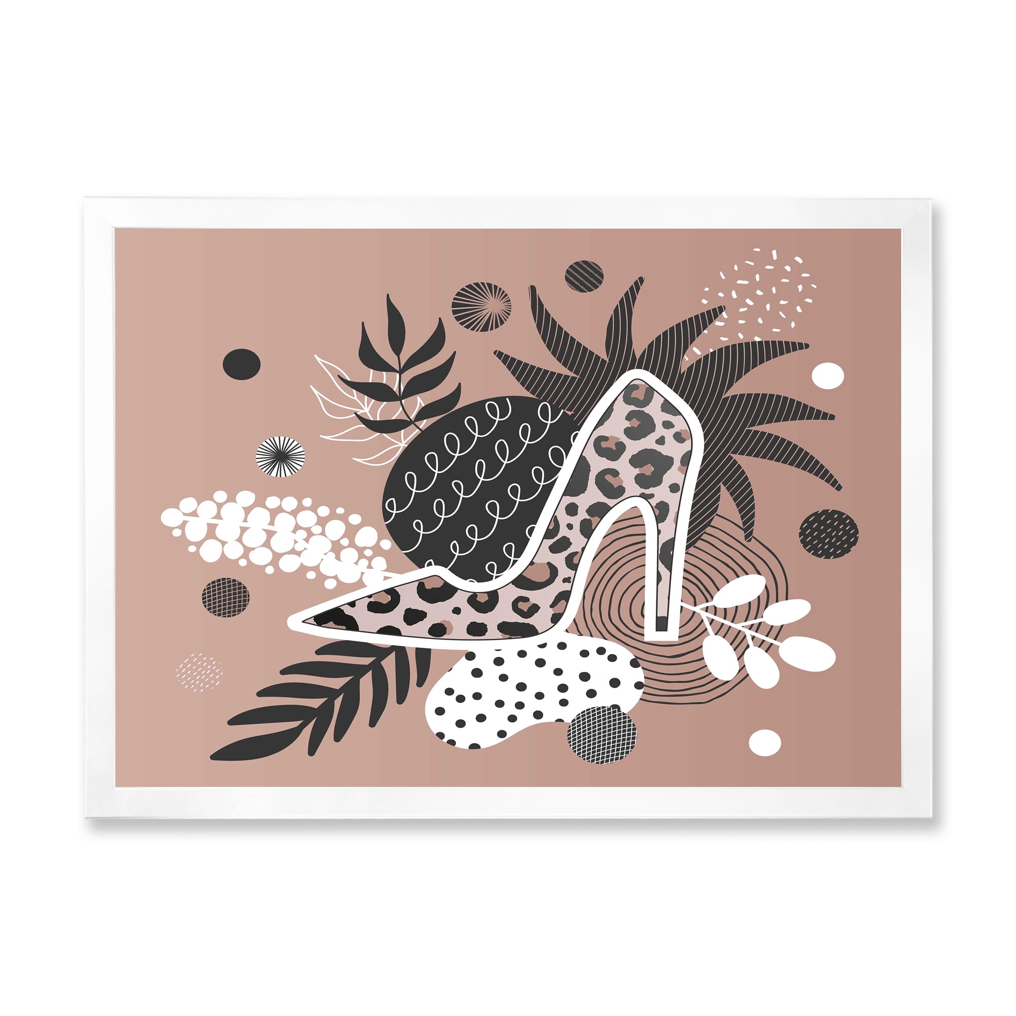 Designart 'Leopard High-Heeled Shoes On Tropical Leaves' Modern Framed Art Print