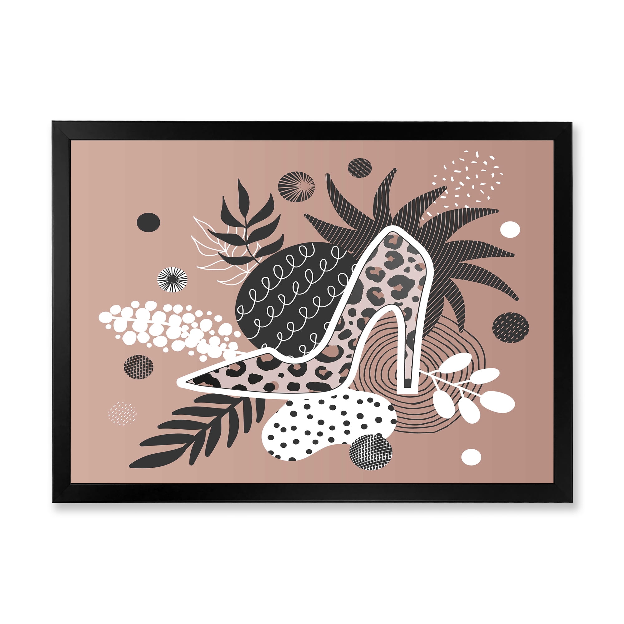 Designart 'Leopard High-Heeled Shoes On Tropical Leaves' Modern Framed Art Print