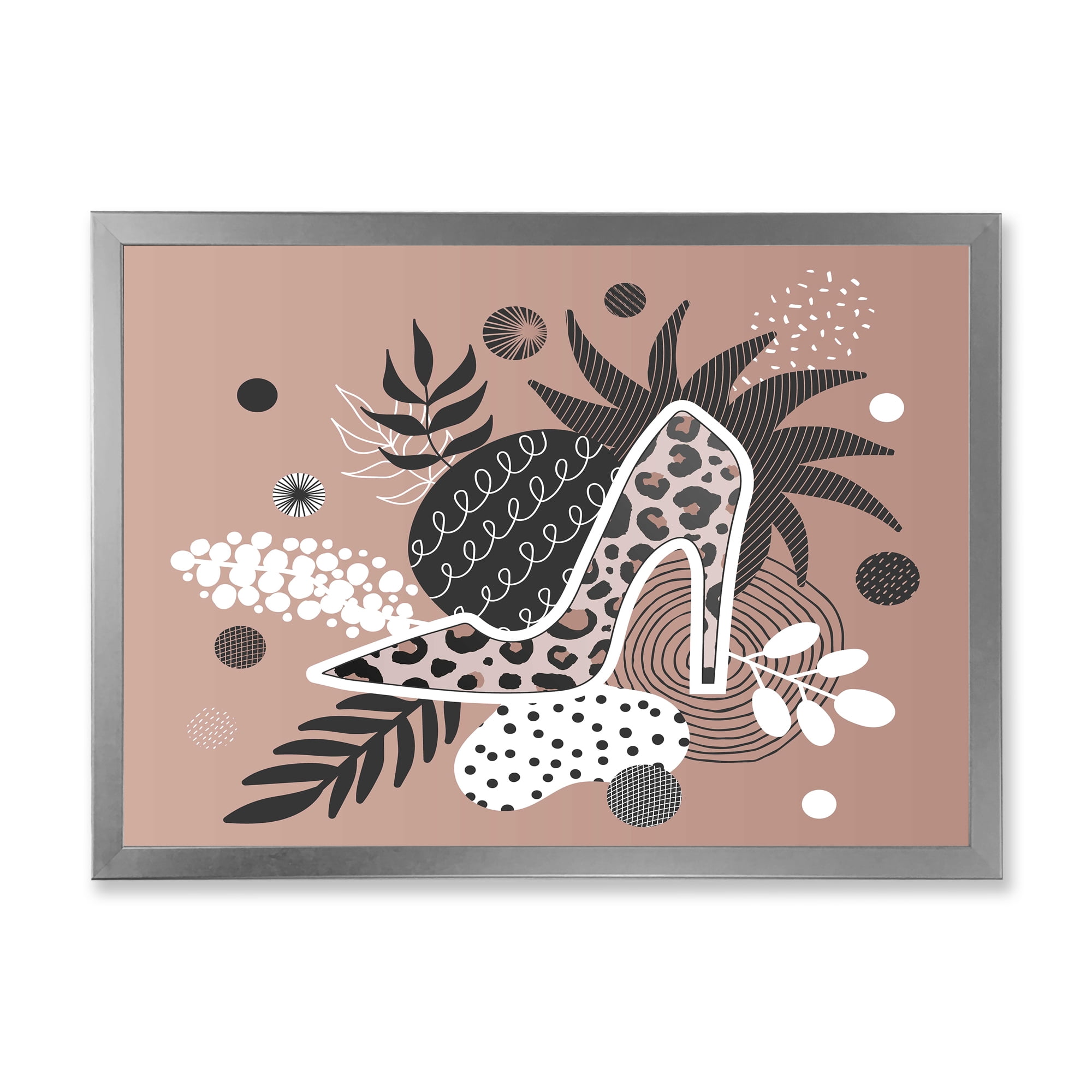 Designart 'Leopard High-Heeled Shoes On Tropical Leaves' Modern Framed Art Print