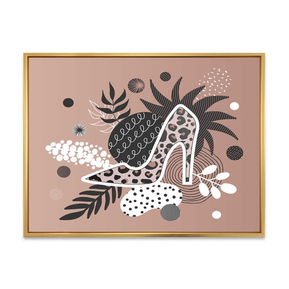 Designart 'Leopard High-Heeled Shoes On Tropical Leaves' Modern Framed Canvas Wall Art Print