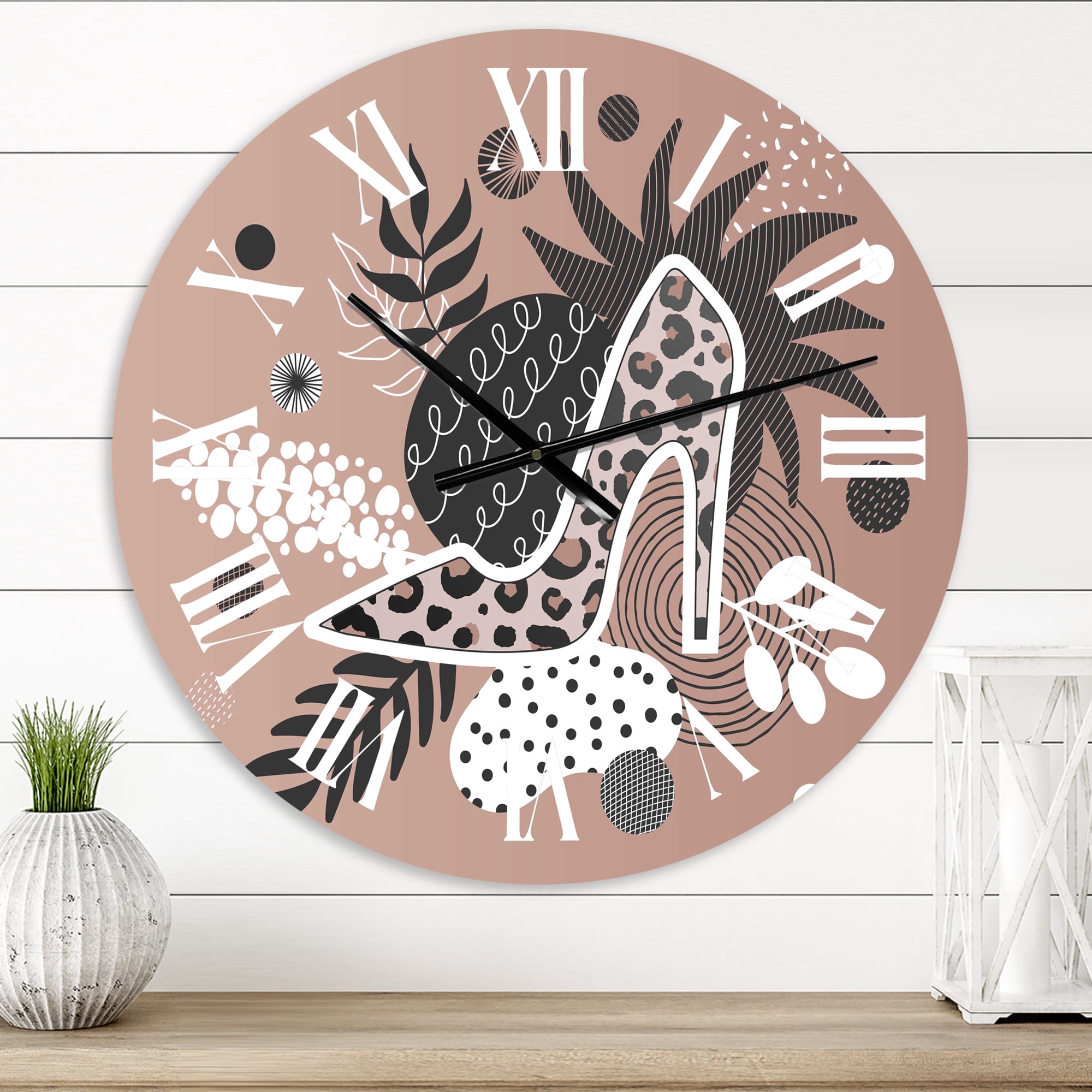 Designart 'Leopard High-Heeled Shoes Tropical Leaves' Modern Wall Clock