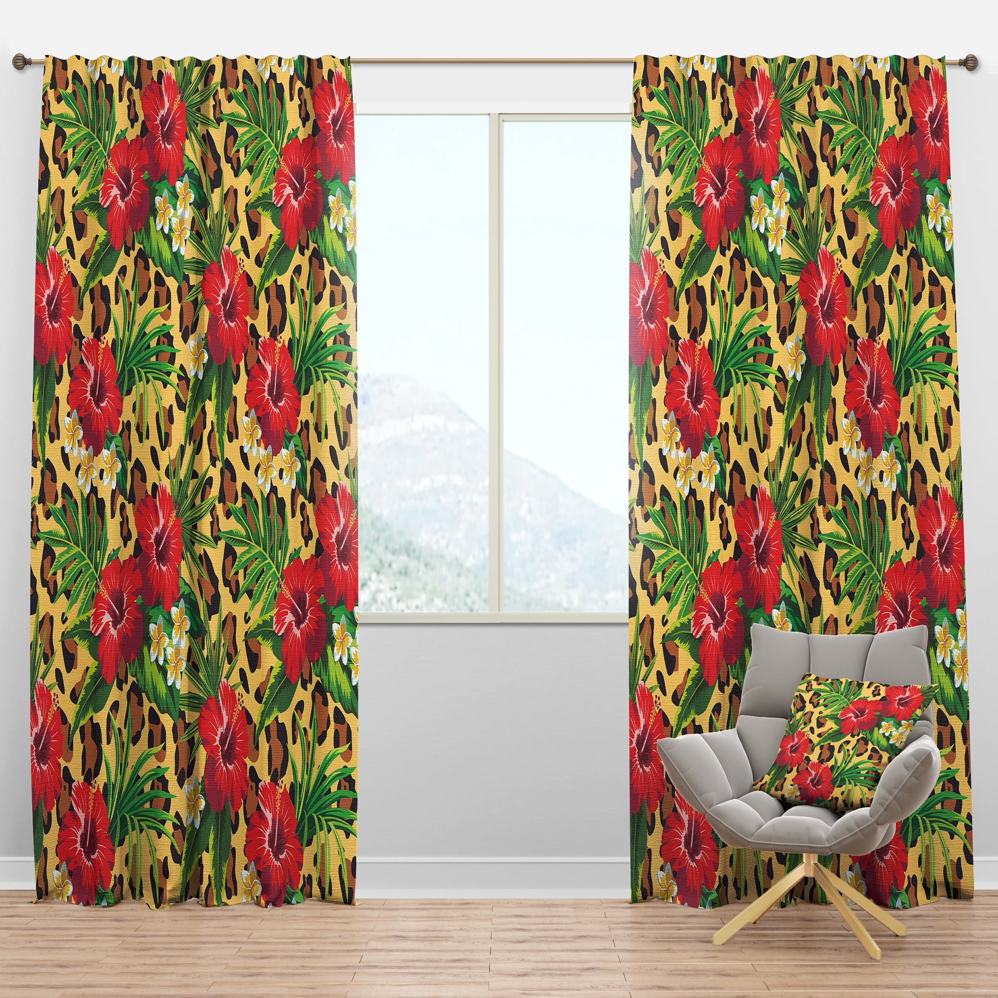 Designart 'Leopard Pattern With Red Flowers I' Tropical Blackout Curtain Panel
