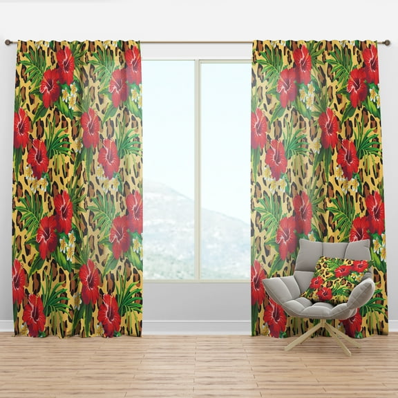 Designart 'Leopard Pattern With Red Flowers I' Tropical Curtain Panel