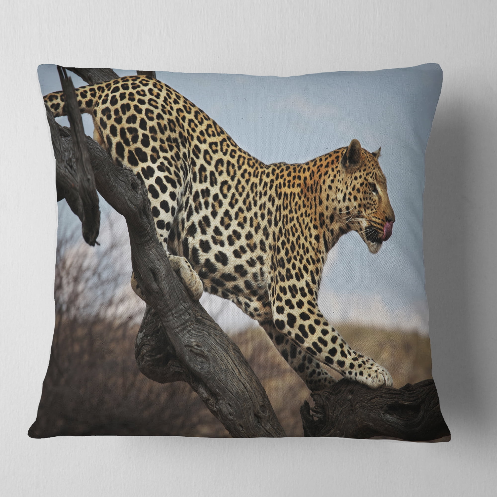 Designart Leopard Walking on Tree - African Throw Pillow - 16x16