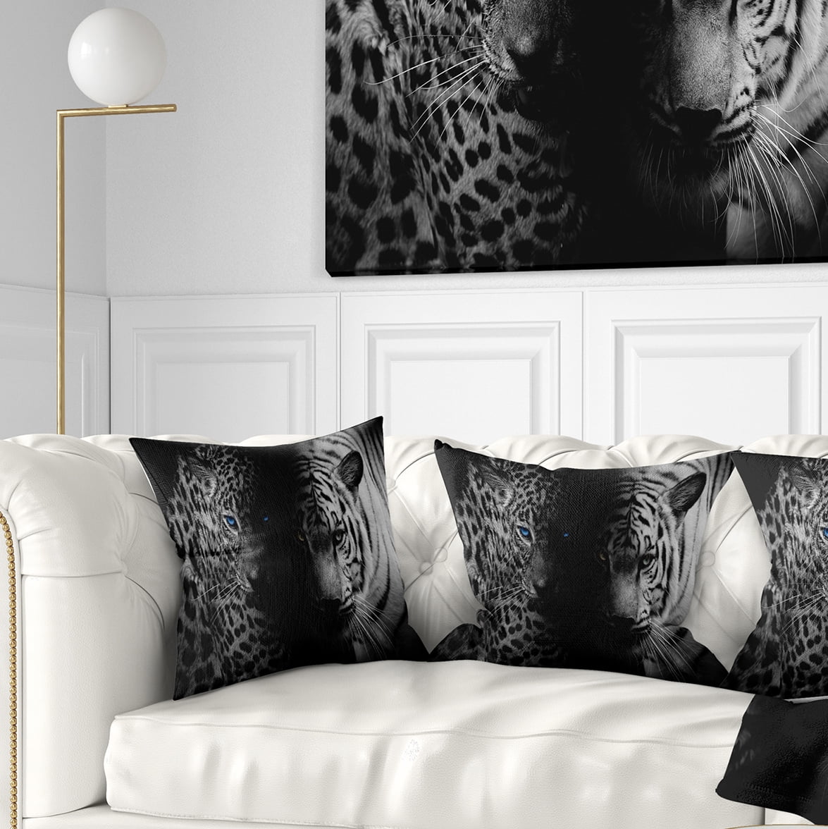 Designart Leopard and Tiger in Black - Animal Throw Pillow - 16x16