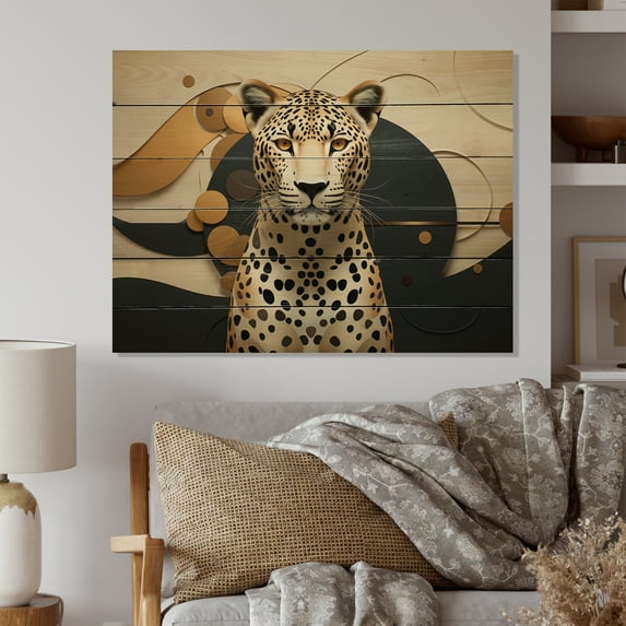 Designart "Leopard gracefulness Geometric" Animals Print on Natural Pine Wood