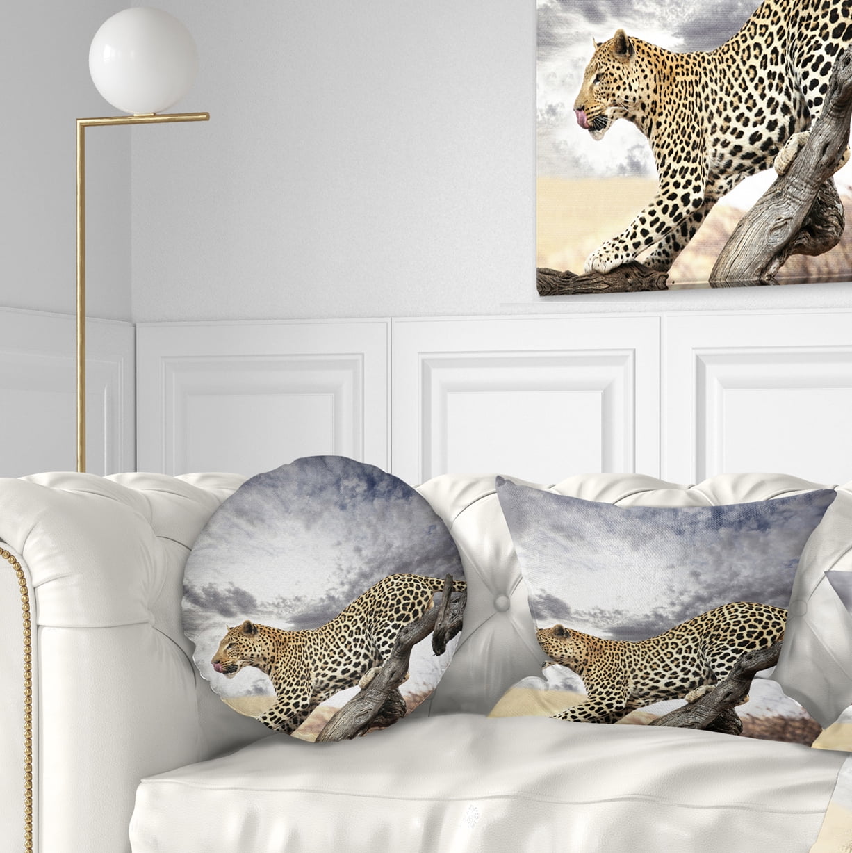 Designart Leopard on Tree under Cloudy Sky - African Wall Throw Pillow - 12x20