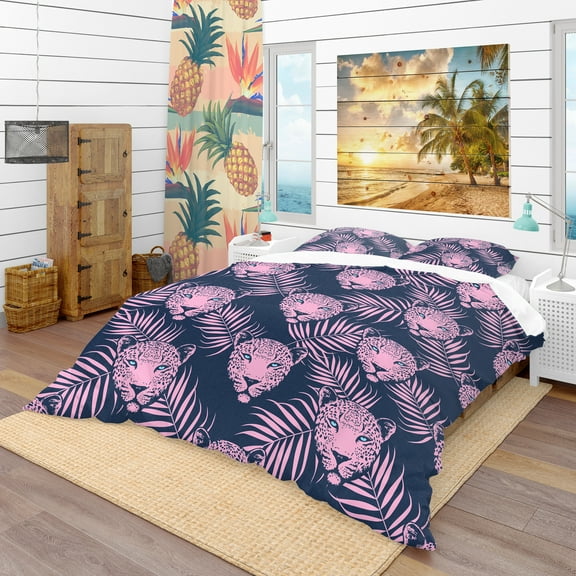 Designart 'Leopard with Palm Leaves Pattern' Tropical Duvet Cover Set