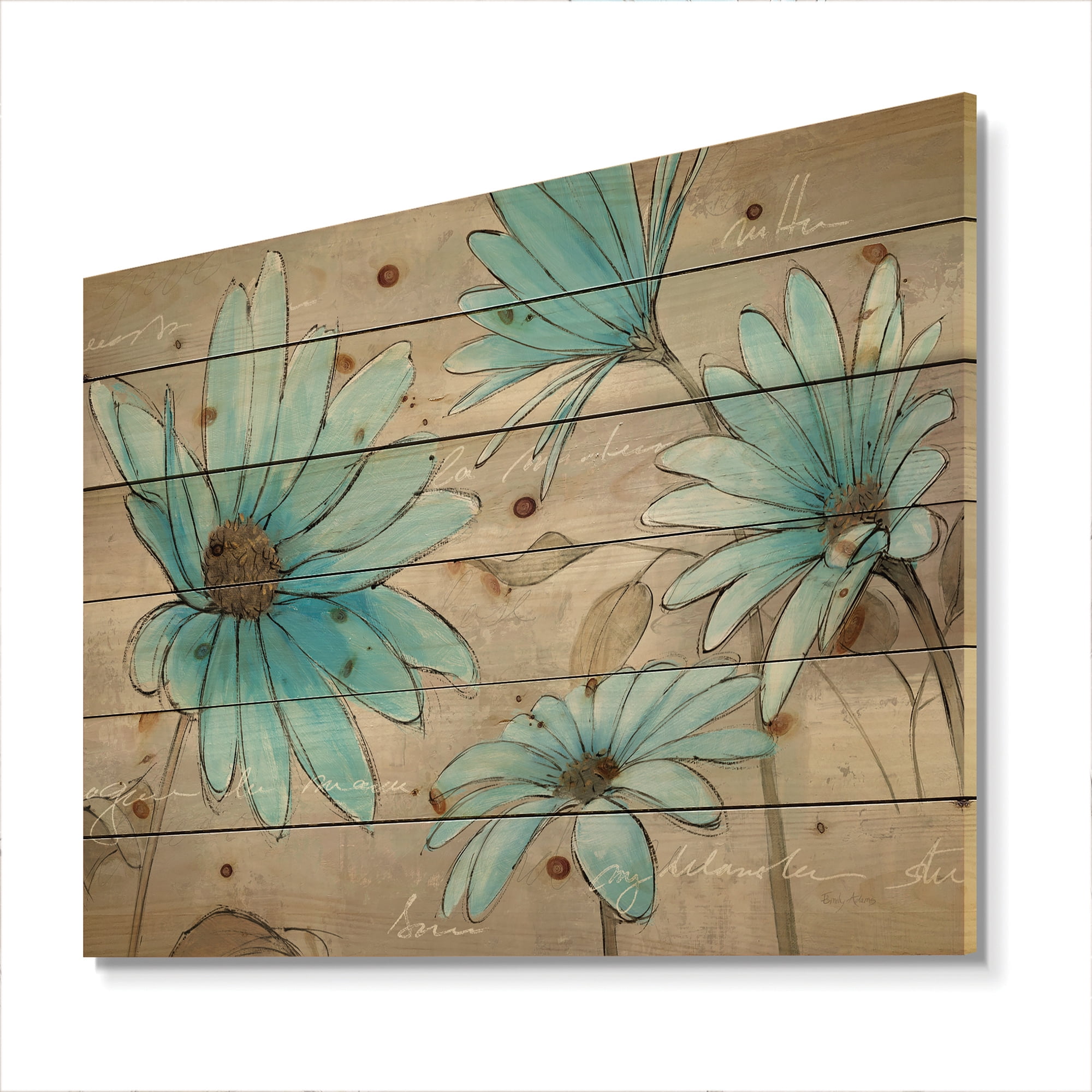 Designart 'Leucanthemum Indigo Cottage Flower' Traditional Print on Natural Pine Wood