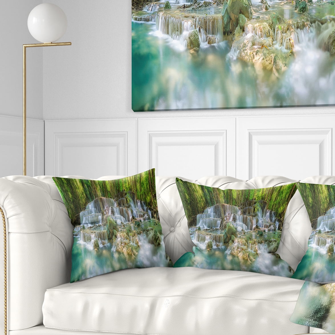 Designart Level 6 of Huaimaekamin Waterfall - Landscape Printed Throw Pillow - 18x18