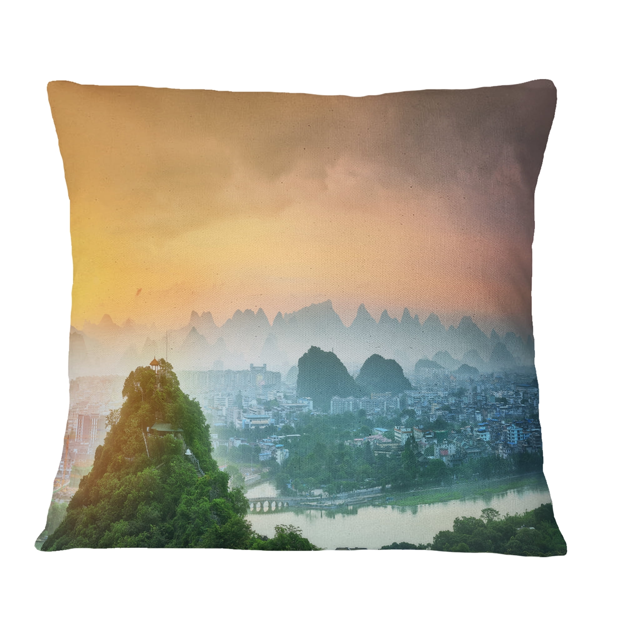 Designart Li River and Karst Mountains - Landscape Printed Throw Pillow - 16x16