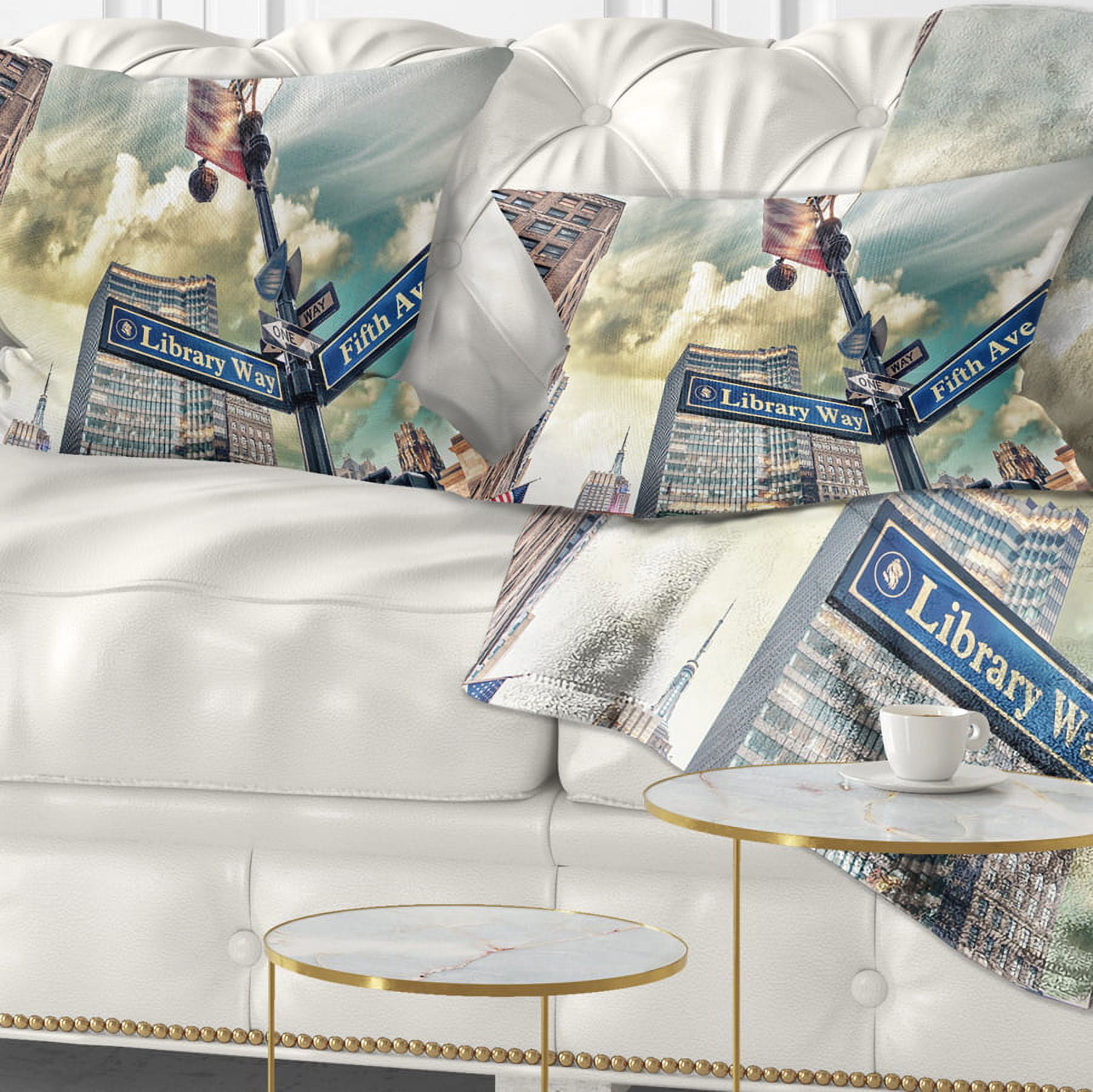 Designart Library Way and 5th Avenue Street Signs - Modern Cityscape Throw Pillow - 12x20