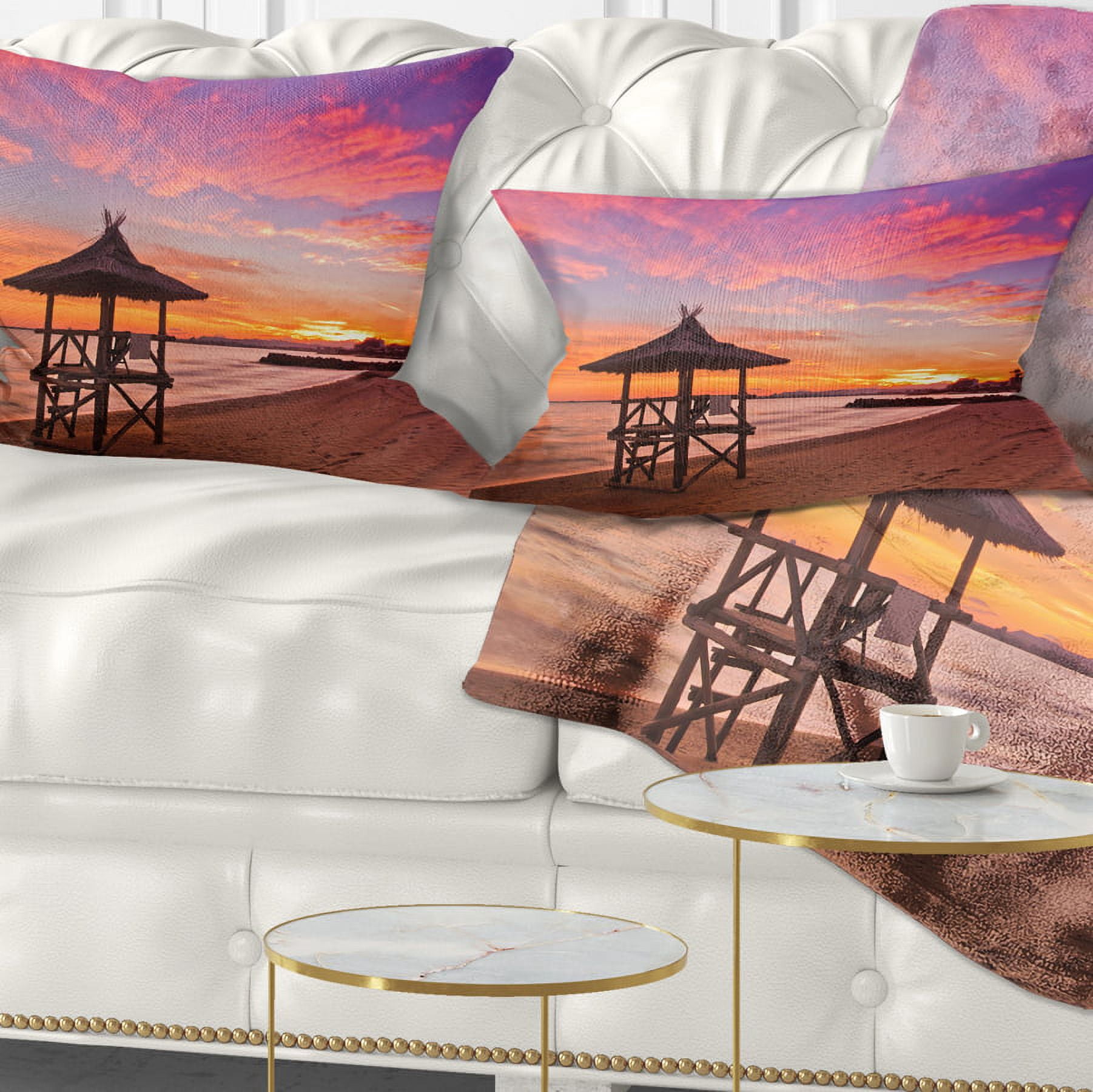 Designart Lifeguard Station in Beautiful Beach - Modern Seashore Throw Pillow - 12x20