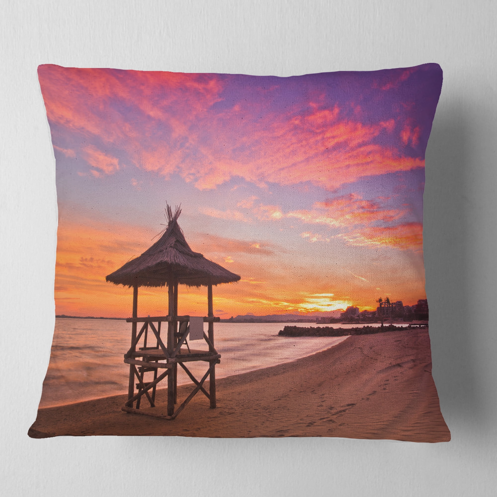 Designart Lifeguard Station in Beautiful Beach - Modern Seashore Throw Pillow - 16x16