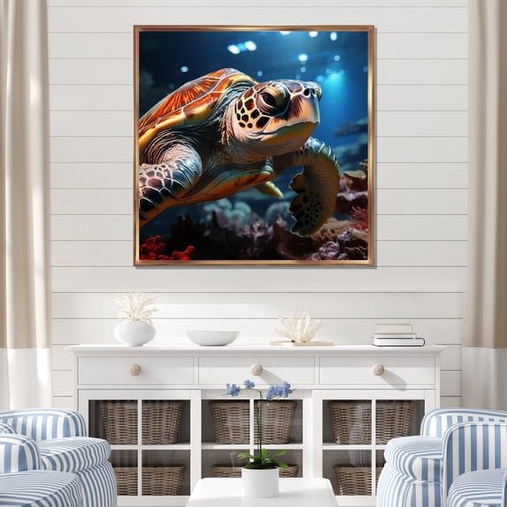 Designart "Lifelike Turtle Depiction" Animals Turtle Floater Framed Canvas Art Print