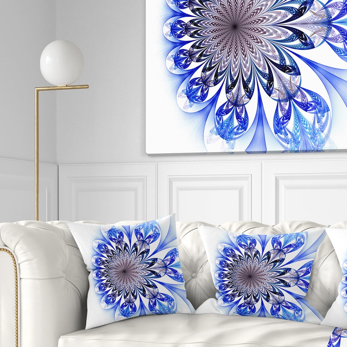 Designart Light Blue Fractal Flower Digital Art - Floral Throw Pillow - 16x16