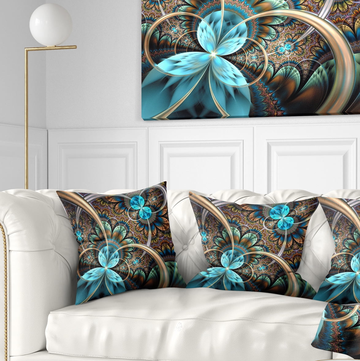 Designart Light Blue Fractal Flower - Floral Throw Pillow - 16x16
