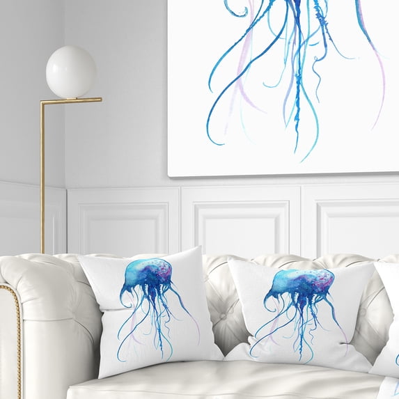 Designart Light Blue Jellyfish Watercolor - Animal Throw Pillow - 16x16