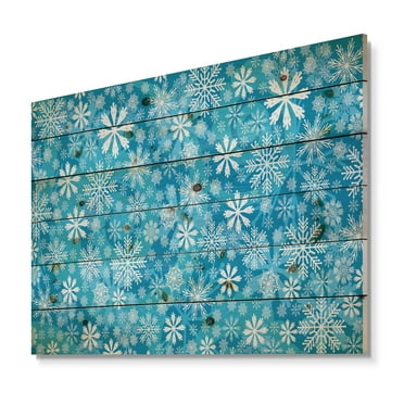Designart 'Light Blue Snow Crystal Pattern' Print on Natural Pine Wood