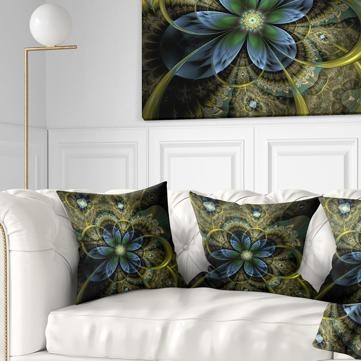 Designart Light Fractal Flower and Butterfly - Floral Throw Pillow - 16x16