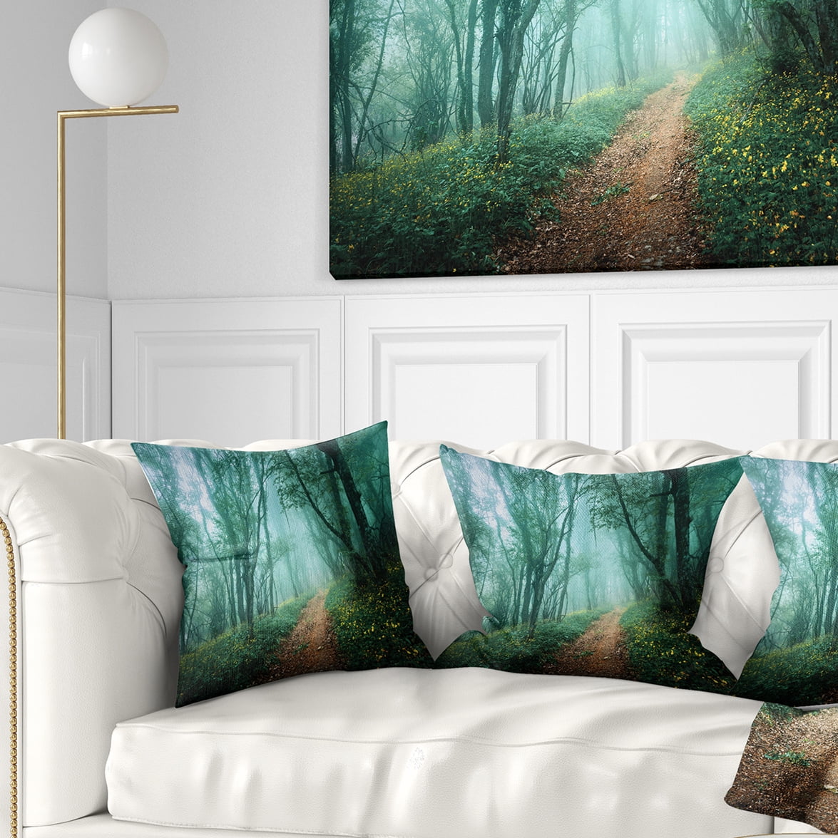 Designart Light Green Mystical Fall Forest - Landscape Photography Throw Pillow - 18x18