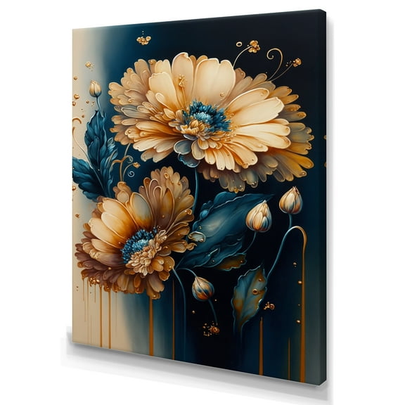 Designart Light Orange And Dark Blue Daisy II Canvas Wall Art