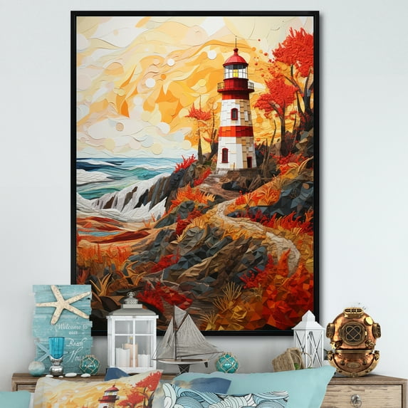 Designart "Light Pastoral Lighthouse Guiding art painting II" Cityscapes Floater Framed Wall Art Print