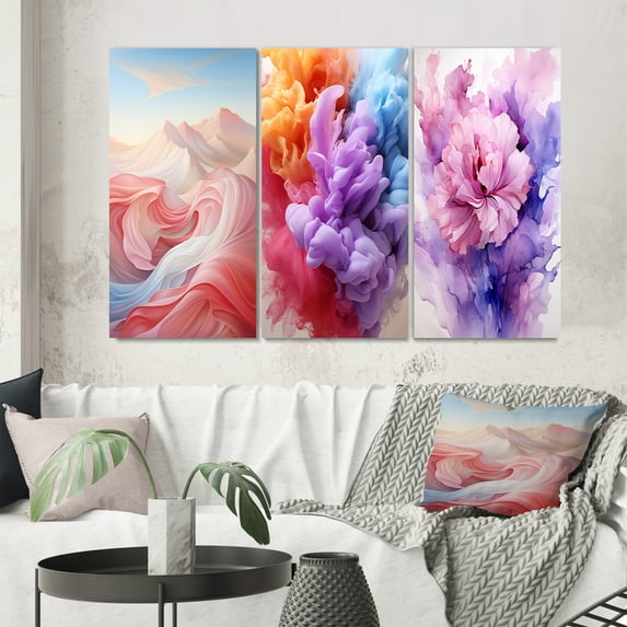 Designart "Light Pink Blue Abstract Playful I" Abstract Shapes Wall Art Set Of 3 - Transitional Blue Gallery Wall Set For Home Decor