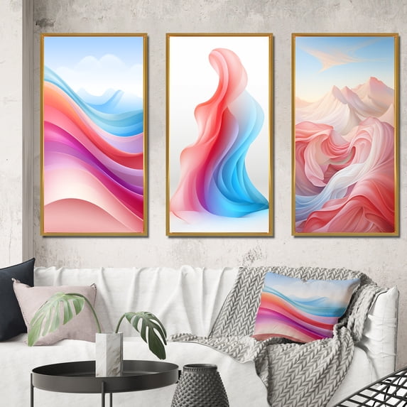 Designart "Light Pink Blue Waves Abstracted" Abstract Shapes Framed Wall Art Set Of 3 - Blue Transitional Frame Gallery Set For Office Decor