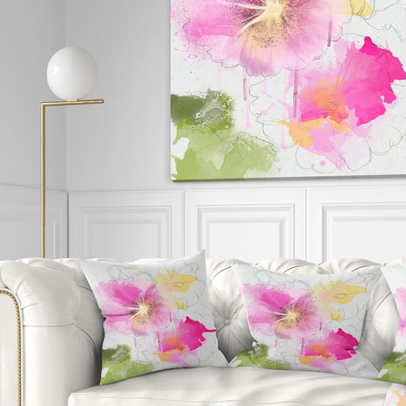 Designart Light Pink Flowers Watercolor - Floral Throw Pillow - 16x16
