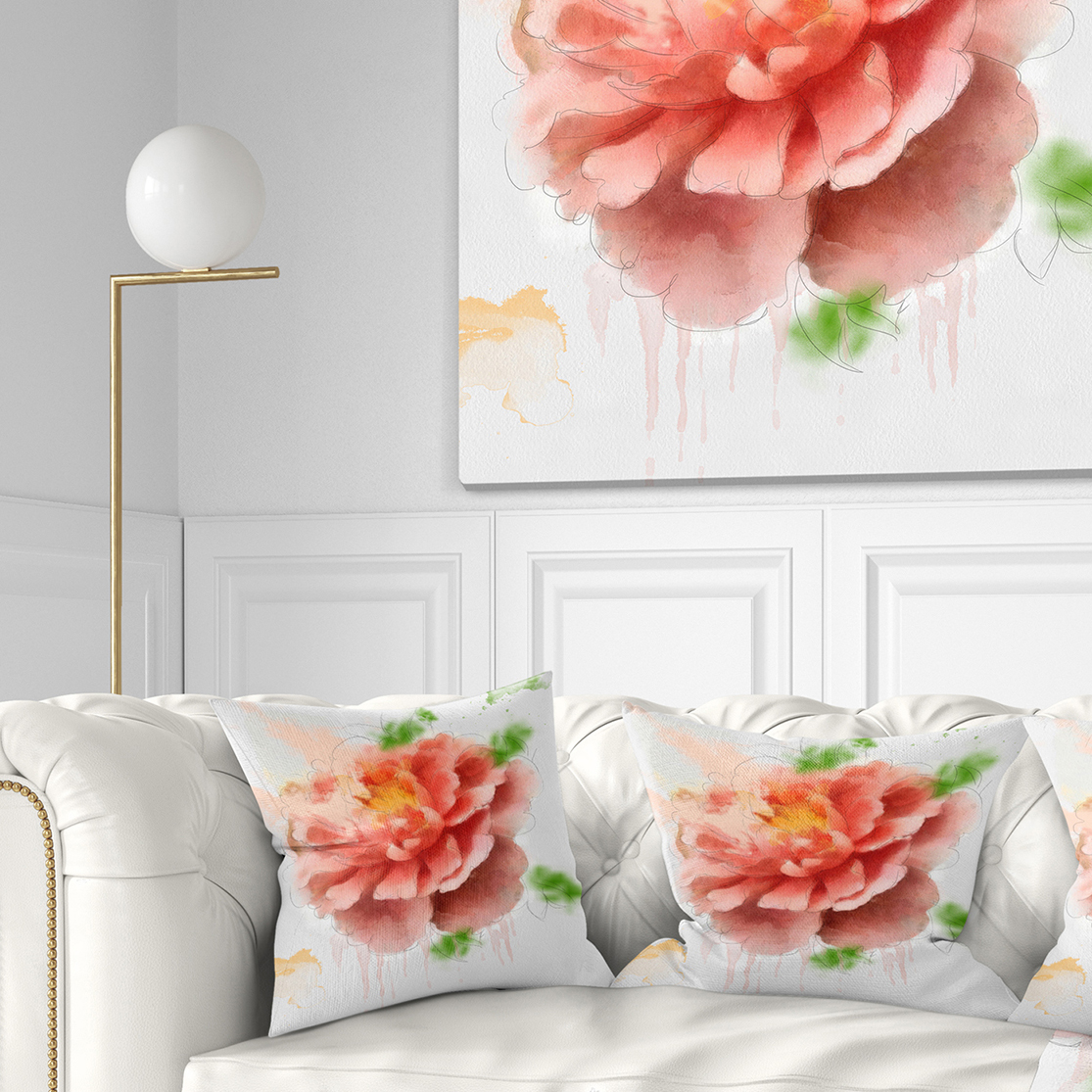Designart Light Red Rose Sketch Watercolor - Floral Throw Pillow - 18x18