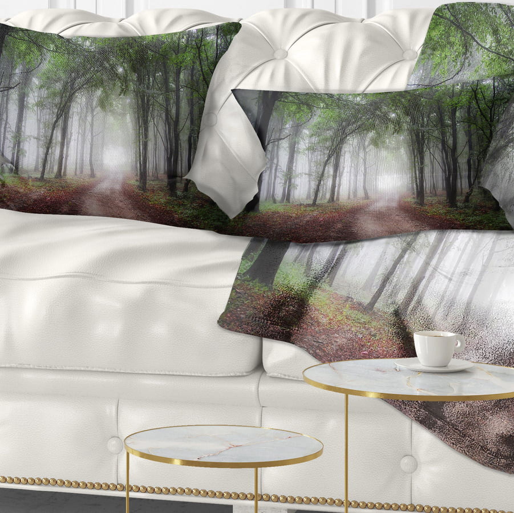 Designart Light Through Green Fall Forest - Landscape Photography Throw Pillow - 12x20