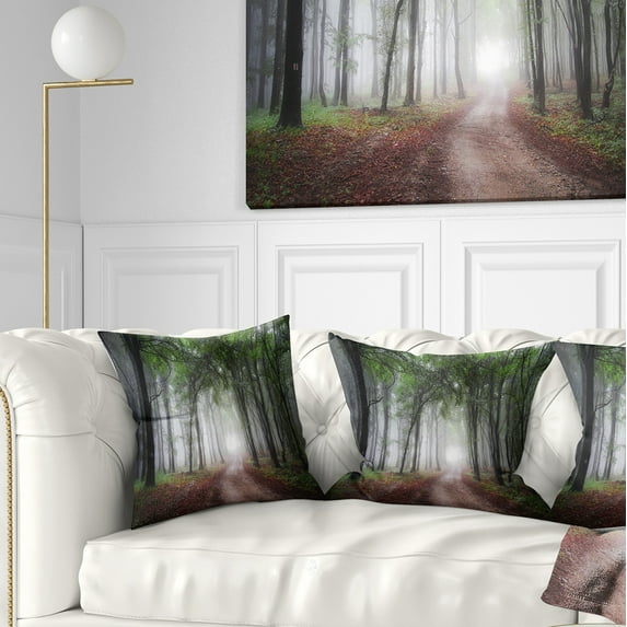 Designart Light Through Green Fall Forest - Landscape Photography Throw Pillow - 16x16