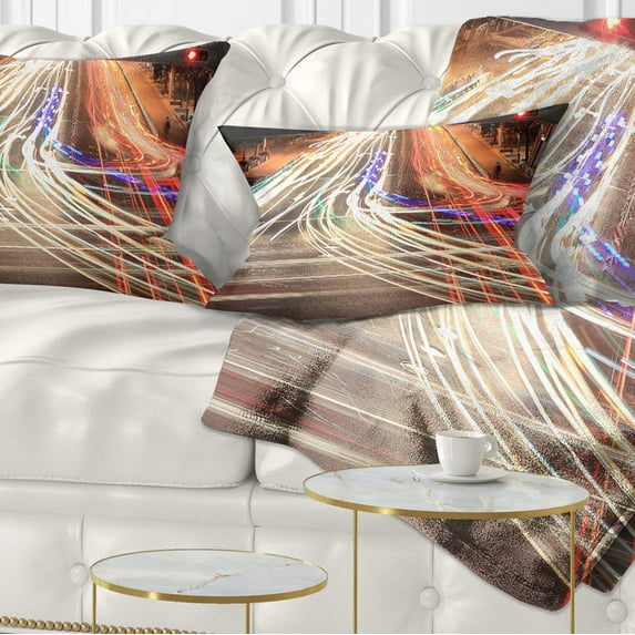 Designart Light Traces on Crossroad - Cityscape Digital Throw Pillow - 12x20