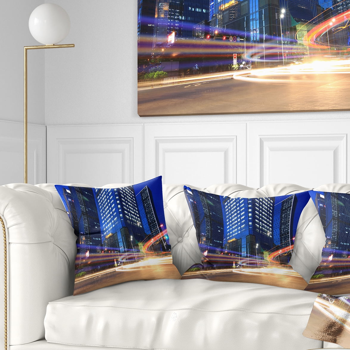 Designart Light Trails in Blue City - Cityscape Digital Throw Pillow - 16x16