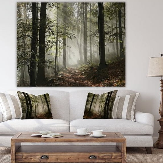 Designart 'Light in Dense Fall Forest with Fog ' Landscape Art Print Canvas