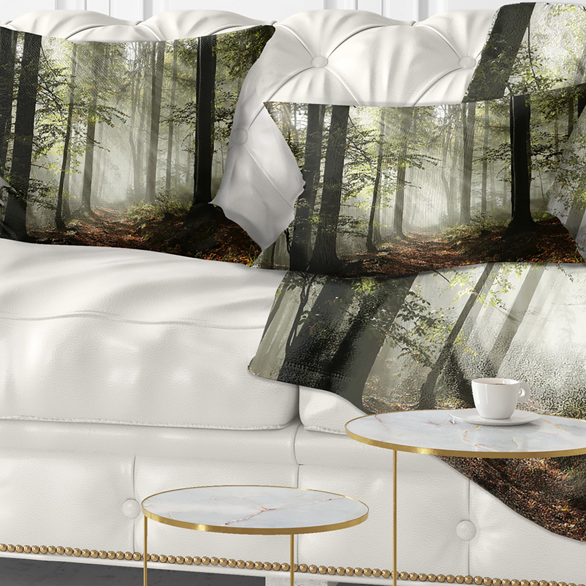Designart Light in Dense Fall Forest with Fog - Landscape Printed Throw Pillow - 12x20
