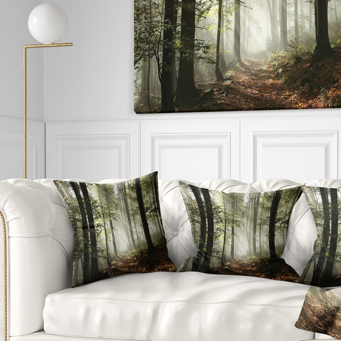 Designart Light in Dense Fall Forest with Fog - Landscape Printed Throw Pillow - 18x18