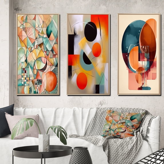 Designart "Light s Geometric Dance IV" Modern Geometric Framed Wall Art Set Of 3 - Orange Abstract Frame Gallery Wall Set For Home Decor