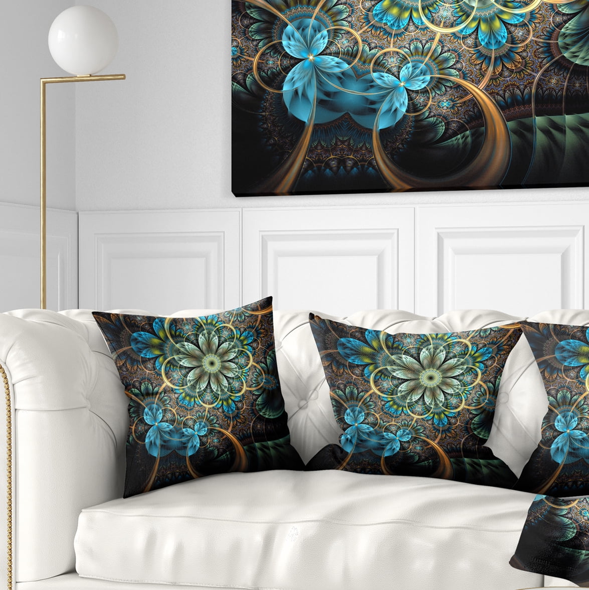 Designart Lighted Blue Fractal Blue Flowers - Floral Throw Pillow - 16x16