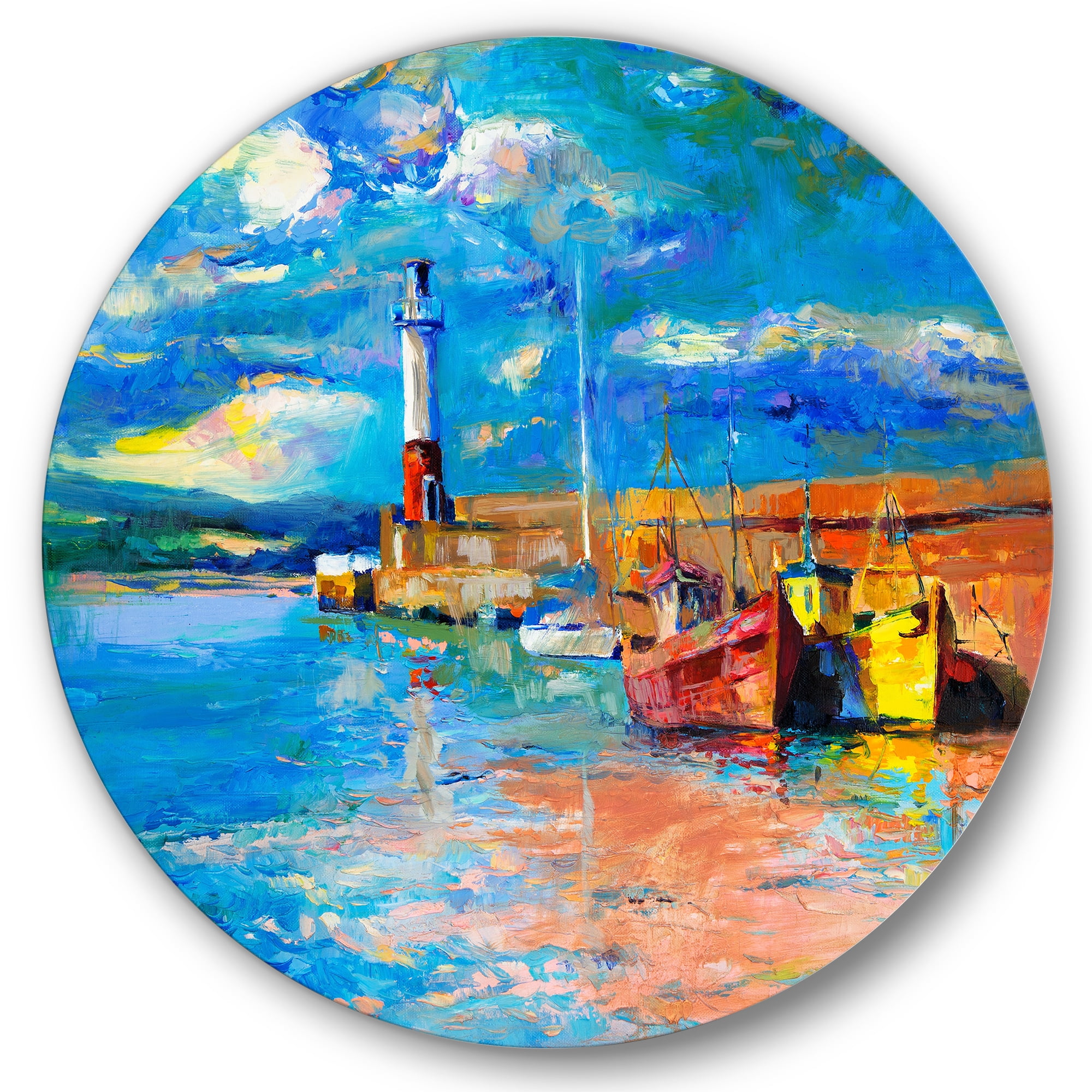 Designart 'Lighthouse By The Shore In Evening Glow ' Nautical & Coastal Circle Metal Wall Art 36x36 - Disc of 36